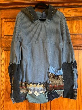 Women's Blue Patchwork Turtleneck Sweater